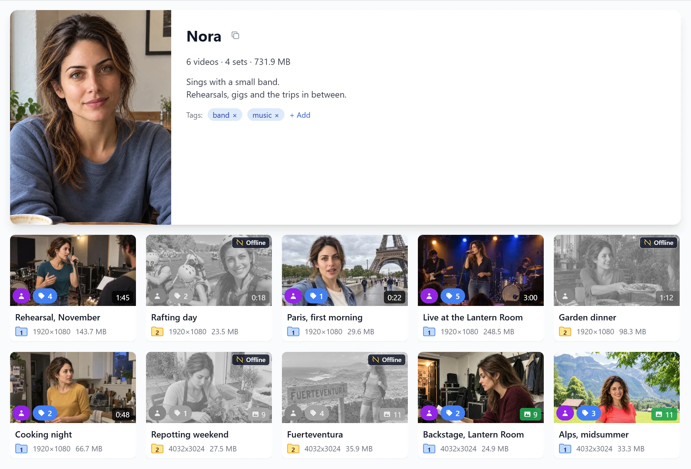 A person's page in Timeprint DB: a portrait and bio, then videos and photo sets from two drives; the items on the unplugged drive are shown greyed out as offline but still listed